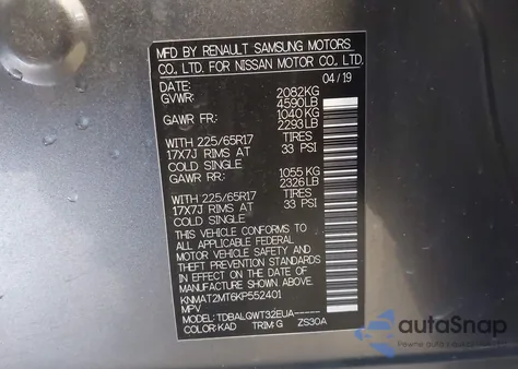 2019 Nissan Rogue Sv z USA, uszkodzony, nr VIN KNMAT2MT6KP552401